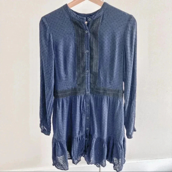 SHOSHANNA Blue Dotted Button Down Peasant Dress - Picture 1 of 6